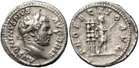 Caracalla (198–217), AR denarius (Silver, 19,4 mm, 2,98 g), 213. 
Obv: ANTONINVS PIVS - AVG BRIT, laureate head of Caracalla, bearded. 
Rev: PROFECTIO...