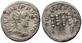 Philip I Arab (244-249), AR antoninianus (Silver, 22,9 mm, 4,29 g), Rome, 247-249.
Obv. IMP PHILIPPVS AVG, Radiate, draped and cuirassed bust of Phili...