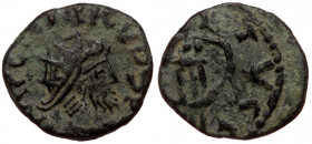 (Bronze 1,20g 13mm) Gallic Empire AE contemporary imitation of an uncertain mint. 2nd half of the 3rd century. 
Obv: Radiate head right
Rev: Spec walk...