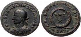 Constantine II (Caesar, 317-337) AE follis (Bronze 3,21g 18mm) Thessalonica, 324. Obv: CONSTANTINVS IVN NOB C, laureate, draped and cuirassed bust of ...