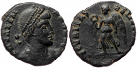 Valens (364-378), uncertain mint, AE follis (Bronze, 16,0 mm, 1,87 g), 364-367. Obv: D N VALEN - S AVG, pearl-diademed, draped and cuirassed bust of V...