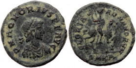 Honorius (393-423), Constantinopolis, AE follis or nummus (Bronze, 18,1 mm, 2,31 g), 393-395. Obv: [D N H]ONORIVS P F AVG, pearl-diademed, draped and ...