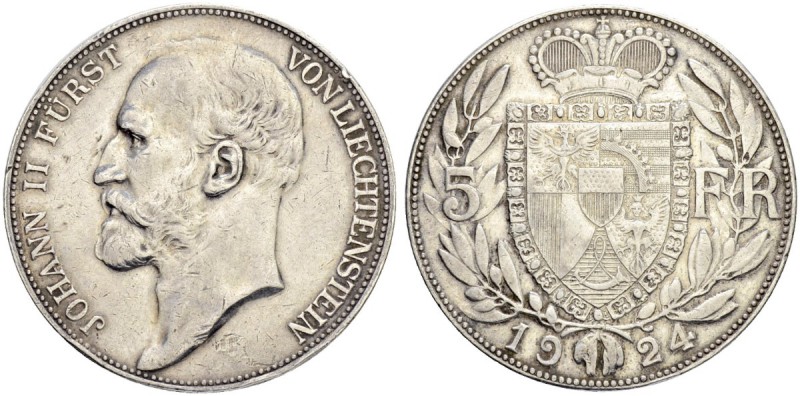 LIECHTENSTEIN
Johann II. 1858-1929. 5 Franken 1924, Bern. 24.93 g. Divo 104. HM...