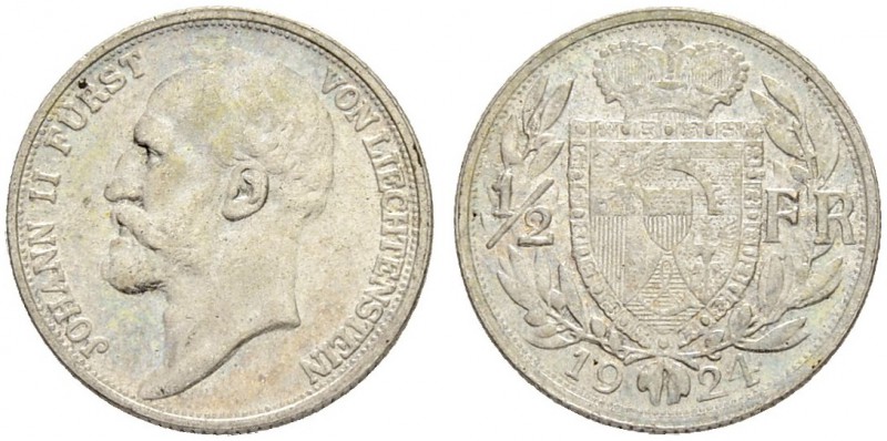 LIECHTENSTEIN
Johann II. 1858-1929. 1/2 Franken 1924. 2.51 g. HMZ 2-1382a. Selt...