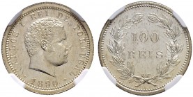 PORTUGAL
Carlos I. 1889-1908. 100 Reis 1890, Lissabon. Gomes C1 06.01. Selten in dieser Erhaltung / Rare in this condition. NGC MS65. (~€ 300/~US$ 37...