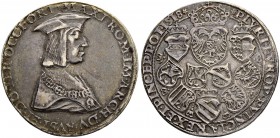 RDR / ÖSTERREICH
Maximilian I. 1493-1519. Guldiner 1518, St. Veit. Brustbild des Kaisers mit Barett und Ordenskette nach rechts. Rv. Gekröntes Wappen...