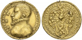RDR / ÖSTERREICH
Karl V. 1519-1556. Vergoldete Bronzegussmedaille o. J. Auf Peter Keck von Schwarzbach. Brustbild nach links. Rv. Behelmtes Familienw...