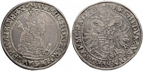 RDR / ÖSTERREICH
Der Medailleur Antonio Abondio. Maximilian II. 1564-1576. Taler 1575, Kremnitz. 28.53 g. Huszar 978. Dav. 8058. Sehr schön / Very fi...