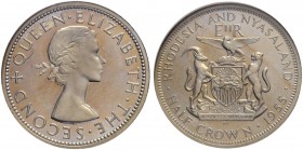 RHODESIEN & NYASALAND
1/2 Crown 1955. Kupfer-Nickel / Copper-Nickel. KM 7. Sehr selten als Proof. Nur 10 Exemplare geprägt / Very rare in proof. Only...