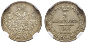 RUSSLAND
Kaiserreich und Föderation. Nikolaus I. 1825-1855. 5 Kopeken 1845, St. Petersburg, KB. Bitkin 399. NGC UNC DETAILS (STAINED). (~€ 105/~US$ 1...