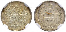 RUSSLAND
Kaiserreich und Föderation. Alexander III. 1881-1894. 5 Kopeken 1882, St. Petersburg, HO. Bitkin 141. NGC MS64. (~€ 105/~US$ 125)