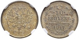 RUSSLAND
Kaiserreich und Föderation. Nikolaus II. 1894-1917. 10 Kopeken 1917, St. Petersburg, BC. Bitkin 170. NGC MS63. (~€ 130/~US$ 160)