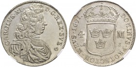 SCHWEDEN
Karl XI. 1660-1697. 4 Mark 1691, Stockholm. AAH 82. Selten in dieser Erhaltung / Rare in this condition. NGC MS62. (~€ 425/~US$ 525)