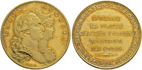 SPANIEN
Königreich. Carlos IV. 1788-1808. Vergoldete Bronzemedaille 1801. Procédé von J. Droz. Stempel von M. G. Spulveda. UNION AUGUSTA Büsten des s...