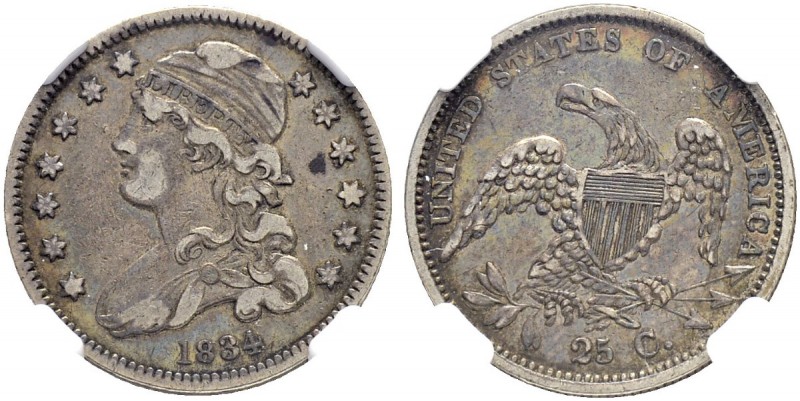 USA
1/4 Dollar 1834, Philadelphia. NGC VF35. (~€ 65/~US$ 80)