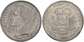VENEZUELA
Republik, seit 1823. 5 Bolivares 1889, Paris. 24.96 g. KM Y24.1. Selten / Rare. Leicht berieben und winziger Randfehler / Slightly polished...