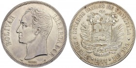 VENEZUELA
Republik, seit 1823. 5 Bolivares 1911, Paris. 25.00 g. KM Y24.2. Selten / Rare. Leicht berieben / Slightly polished. Von polierten Stempeln...