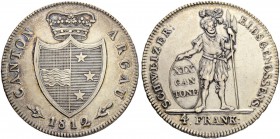 SCHWEIZ - AARGAU
Kanton Aargau. 4 Franken 1812, Bern. 29.33 g. D.T. 189. HMZ 2-19a. Selten. Nur 2'527 Exemplare geprägt / Rare. Only 2'527 pieces str...