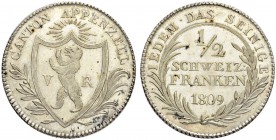 SCHWEIZ - APPENZELL-AUSSERRHODEN
Halbfranken 1809. 4.55 g. D.T. 157. HMZ 2-30a. Vorzüglich-FDC / Extremely fine-uncirculated. (~€ 515/~US$ 630)