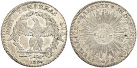 SCHWEIZ - GENF / GENÈVE
Stadt und Kanton Genf. 15 Sols 1794. 3.31 g. D.T. 1035. HMZ 2-342a. Fast FDC / About uncirculated. (~€ 215/~US$ 265)
