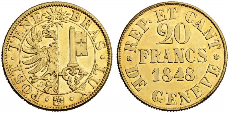 SCHWEIZ - GENF / GENÈVE
Stadt und Kanton Genf. 20 Francs 1848. 7.62 g. D.T. 277...