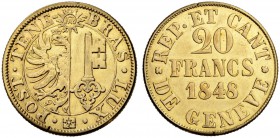 SCHWEIZ - GENF / GENÈVE
Stadt und Kanton Genf. 20 Francs 1848. 7.56 g. D.T. 277. HMZ 2-361a. Fr. 263. Aus Fassung / Ex jewelry. Sehr schön-vorzüglich...