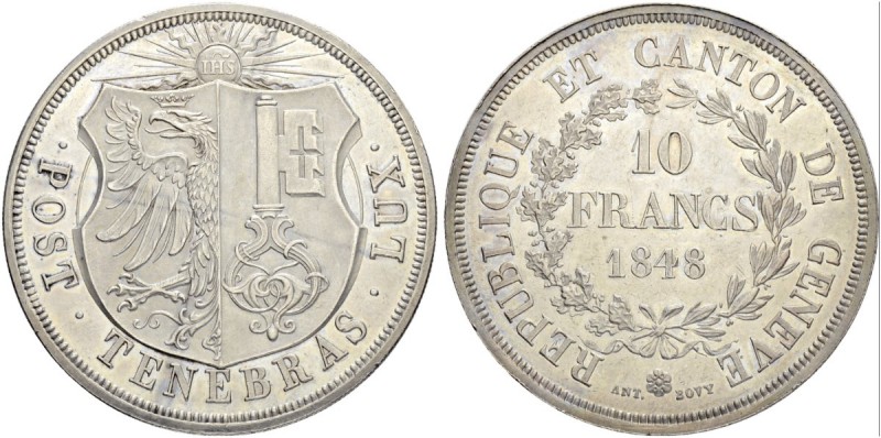 SCHWEIZ - GENF / GENÈVE
Stadt und Kanton Genf. 10 Francs 1848. 52.0 g. D.T. 279...