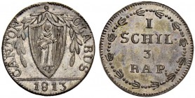 SCHWEIZ - GLARUS
Schilling 1813. Wappen mit Girlanden. 1.12 g. D.T. 100d var. (Lorbeerzweige). HMZ 2-374k. Vorzüglich / Extremely fine. (~€ 170/~US$ ...