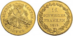 SCHWEIZ - GRAUBÜNDEN
Graubünden, Kanton. 16 Franken (Duplone) 1813. 7.64 g. D.T. 177. HMZ 2-602a. Fr. 265. Sehr selten. Nur 100 Exemplare geprägt / V...