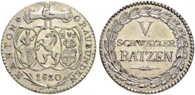 SCHWEIZ - GRAUBÜNDEN
Graubünden, Kanton. 5 Batzen 1820. 4.42 g. D.T. 179b. HMZ 2-604b. FDC / Uncirculated. (~€ 215/~US$ 265)