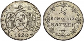 SCHWEIZ - GRAUBÜNDEN
Graubünden, Kanton. 1/2 Batzen 1820. 2.10 g. D.T. 184b. HMZ 2-606c. FDC / Uncirculated. (~€ 170/~US$ 210)