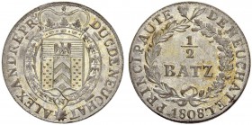 SCHWEIZ - NEUENBURG / NEUCHÂTEL
Könige von Preussen. Alexandre Berthier, Prince de Neuchâtel, 1806-1814. Halbbatzen 1808. 1.52 g. D.T. 256b. HMZ 2-72...