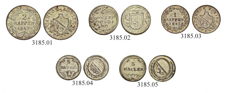 SCHWEIZ - ZÜRICH
Lots. Diverse Münzen. 2 Rappen und 1 Rappen. Total 5 Exemplare...