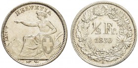 SCHWEIZ - EIDGENOSSENSCHAFT
1/2 Franken 1850 A, Paris. 2.49 g. Divo 4. HMZ 2-1205a. Vorzüglich-FDC / Extremely fine-uncirculated. (~€ 170/~US$ 210)...