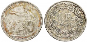 SCHWEIZ - EIDGENOSSENSCHAFT
1 Franken 1860 B, Bern. 5.02 g. Divo 29. HMZ 2-1203d. Seltener Jahrgang / Rare date. Perfektes Kabinettstück mit herrlich...