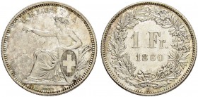 SCHWEIZ - EIDGENOSSENSCHAFT
1 Franken 1860 B, Bern. 5.01 g. Divo 29. HMZ 2-1203d. Sehr selten in dieser Erhaltung / Very rare in this condition. Erst...