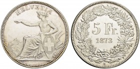 SCHWEIZ - EIDGENOSSENSCHAFT
5 Franken 1873 B, Bern. 25.04 g. Divo 43. HMZ 2-1197c. Seltener Jahrgang / Rare date. Fast FDC / About uncirculated. (~€ ...