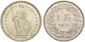 SCHWEIZ - EIDGENOSSENSCHAFT
1 Franken 1875 B, Bern. 4.98 g. Divo 51. HMZ 2-1204a. Fast FDC / About uncirculated. (~€ 255/~US$ 315)