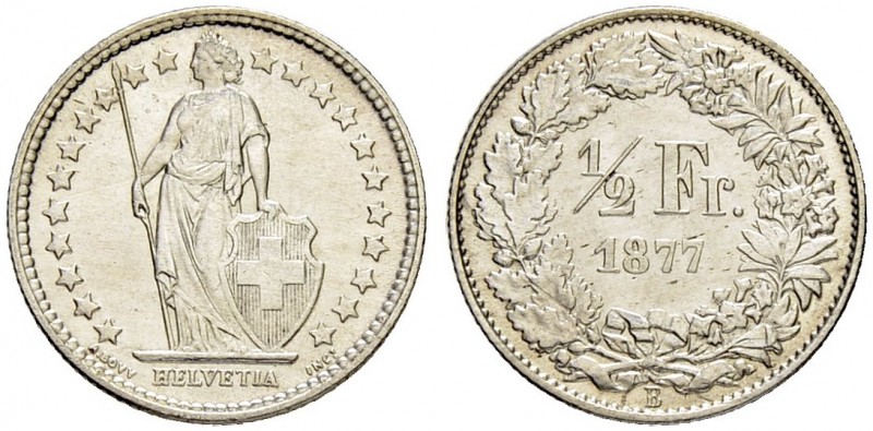 SCHWEIZ - EIDGENOSSENSCHAFT
1/2 Franken 1877 B, Bern. 2.50 g. Divo 61. HMZ 2-12...
