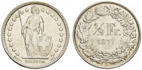 SCHWEIZ - EIDGENOSSENSCHAFT
1/2 Franken 1877 B, Bern. 2.50 g. Divo 61. HMZ 2-1206b. Fast FDC / About uncirculated. (~€ 215/~US$ 265)