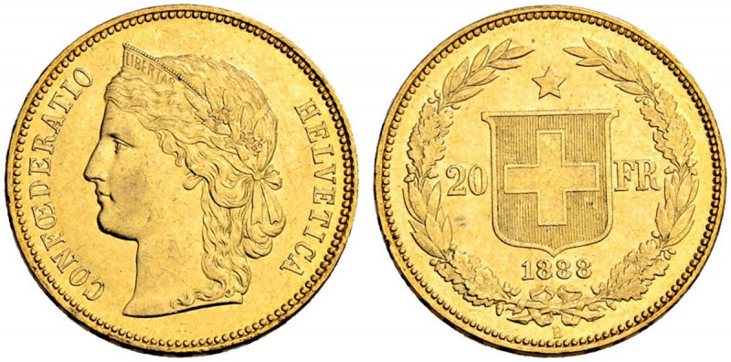 SCHWEIZ - EIDGENOSSENSCHAFT
20 Franken 1888 B, Bern. 6.45 g. Divo 107. HMZ 2-11...