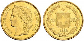 SCHWEIZ - EIDGENOSSENSCHAFT
20 Franken 1888 B, Bern. 6.45 g. Divo 107. HMZ 2-1194d. Fr. 497. Sehr selten in dieser Erhaltung / Very rare in this cond...