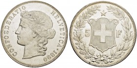 SCHWEIZ - EIDGENOSSENSCHAFT
5 Franken 1890 B, Bern. 24.97 g. Divo 116. HMZ 2-1198c. Prachtvolle Erhaltung / Magnificent condition. FDC / Uncirculated...