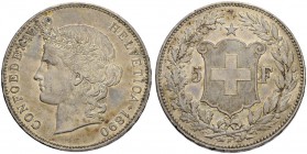 SCHWEIZ - EIDGENOSSENSCHAFT
5 Franken 1890 B, Bern. 24.99 g. Divo 116. HMZ 2-1198c. Gutes vorzüglich / Good extremely fine. (~€ 170/~US$ 210)