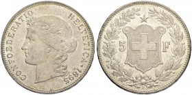 SCHWEIZ - EIDGENOSSENSCHAFT
5 Franken 1895 B, Bern. 25.03 g. Divo 144. HMZ 2-1198g. Seltener Jahrgang / Rare date. Vorzüglich-FDC / Extremely fine-un...