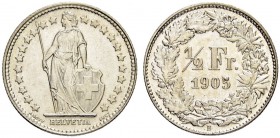 SCHWEIZ - EIDGENOSSENSCHAFT
1/2 Franken 1905 B, Bern. 2.49 g. Divo 223. HMZ 2-1206o. FDC / Uncirculated. (~€ 85/~US$ 105)
