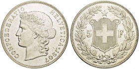 SCHWEIZ - EIDGENOSSENSCHAFT
5 Franken 1907 B, Bern. 25.01 g. Divo 236. HMZ 2-1198k. Vorzüglich / Extremely fine. (~€ 215/~US$ 265)