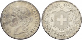 SCHWEIZ - EIDGENOSSENSCHAFT
5 Franken 1908 B, Bern. 24.96 g. Divo 246. HMZ 2-1198l. Sehr schön-vorzüglich / Very fine-extremely fine. (~€ 85/~US$ 105...