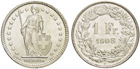 SCHWEIZ - EIDGENOSSENSCHAFT
1 Franken 1908 B, Bern. 4.99 g. Divo 248. HMZ 2-1204r. Fast FDC / About uncirculated. (~€ 45/~US$ 55)