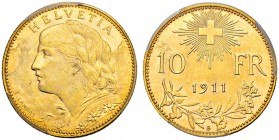 SCHWEIZ - EIDGENOSSENSCHAFT
10 Franken 1911 B, Bern. Divo 273. HMZ 2-1196a. Fr. 503. Selten in dieser Erhaltung / Rare in this condition. PCGS MS64. ...
